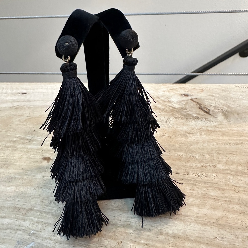 Black Tiered Tassel Statement Earrings Xhilaration Long Fringe Drop Boho
